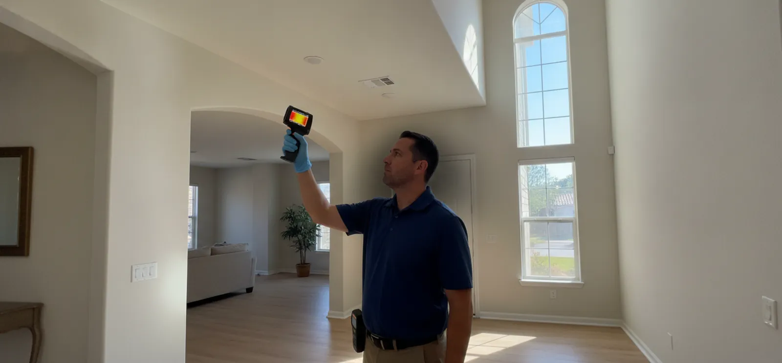 Certified inspector checking a Santa Clarita wall for hidden moisture with a thermal camera