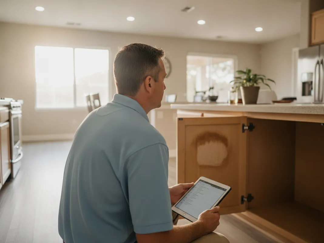 Inspector reviewing moisture findings and writing a report in a Santa Clarita home